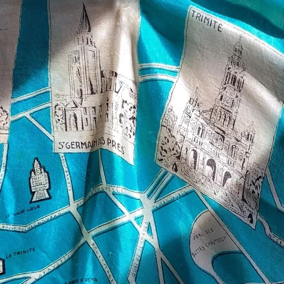 PARIS SILK SCARF Beautiful TURQUOISE & CREAM VINTAGE FIND - Picture 4 of 16